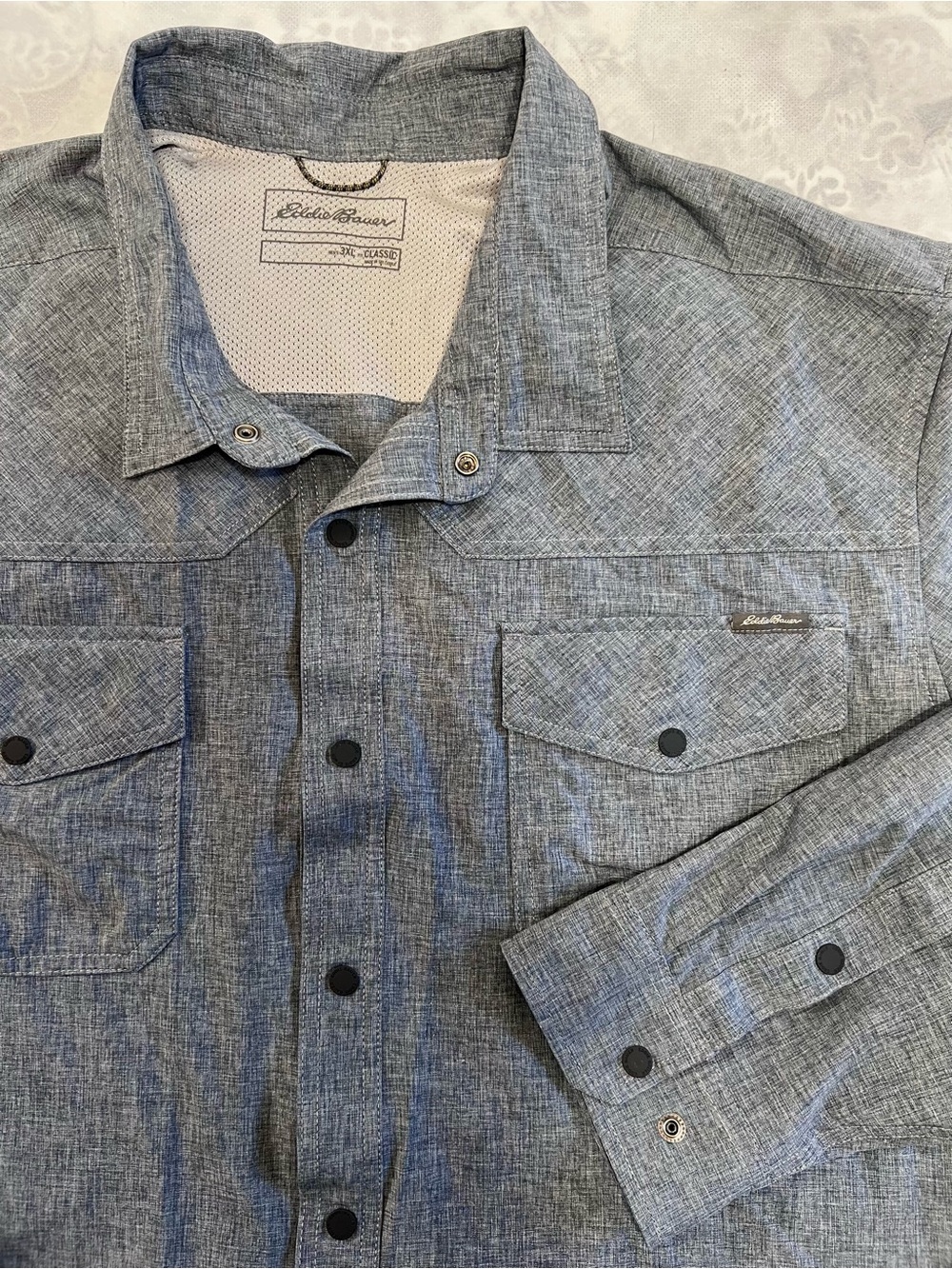 Eddie Bauer Sz 3XL Front Range Chambray Snap Button Long Sleeve Shirt Blue Gray